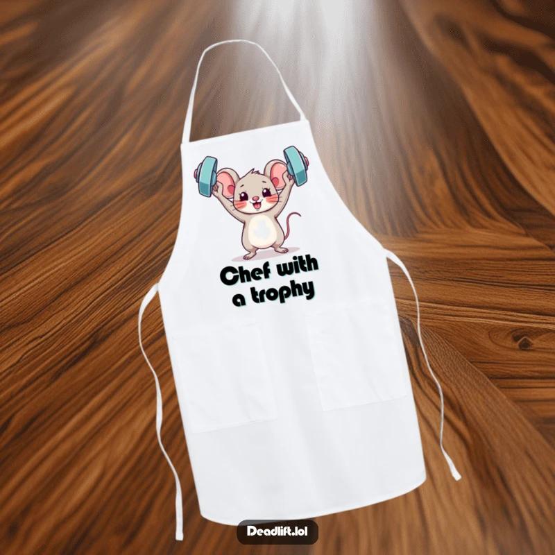 Funny Kawaii mouse character holding a miniature barbell triumphantly, featured on a functional and humorous apron.