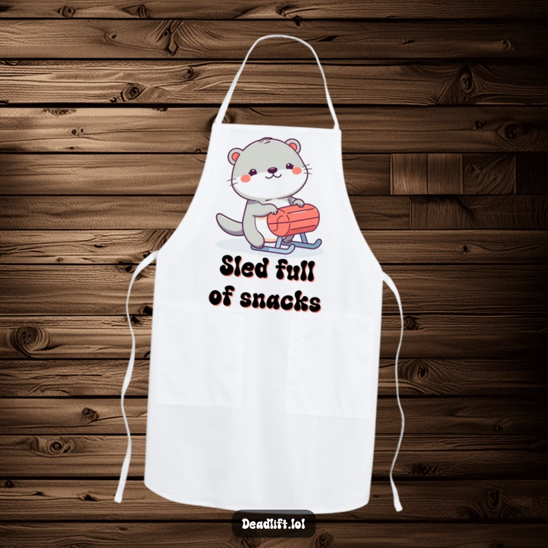 Funny Kawaii otter character humorously pushing a sled while wearing a kitchen apron.