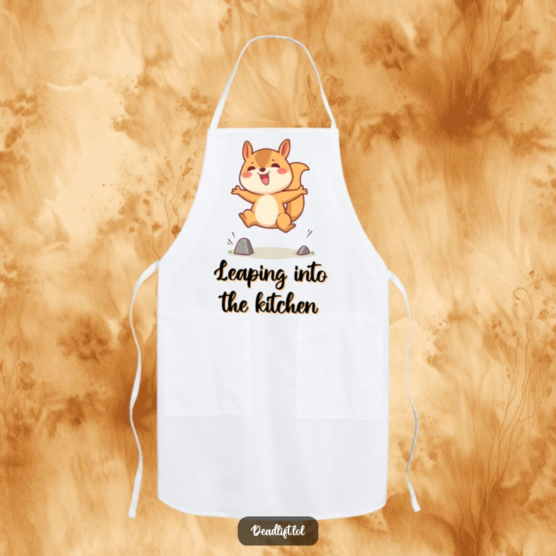 Funny apron featuring a cheerful Kawaii squirrel character energetically jumping over a small obstacle, ready for kitchen fun and culinary success.