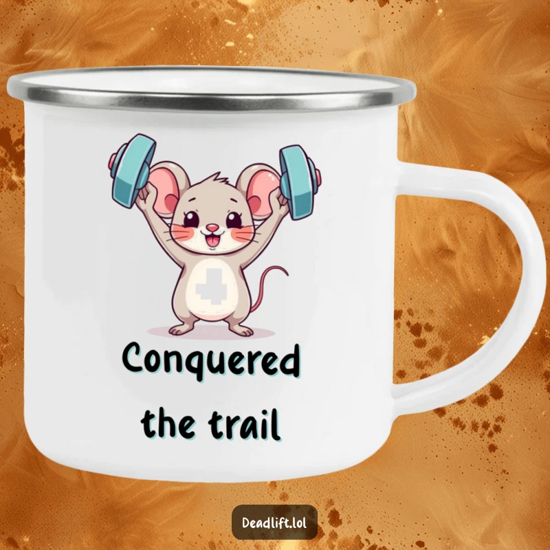 Funny Kawaii mouse character holding a miniature barbell triumphantly, designed for a durable and humorous camping mug.