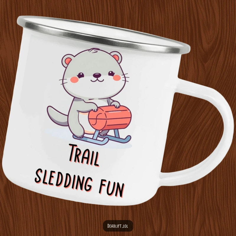 Funny Kawaii otter humorously pushing a sled on a rugged camping mug, ready for outdoor fun.