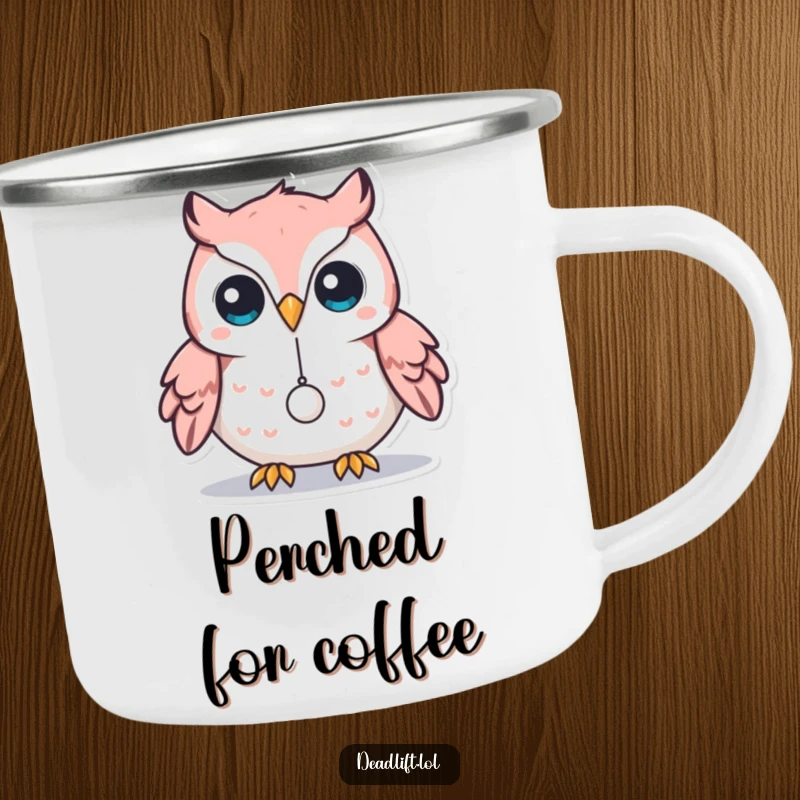 Funny Kawaii owl character balancing a minuscule weight on its beak, designed for a durable and humorous camping mug.