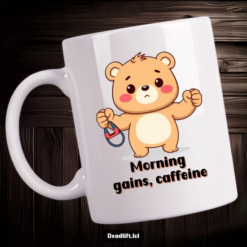 Funny mug featuring a strong Kawaii bear cub proudly displaying a colorful exercise resistance band, radiating confidence and fitness passion.