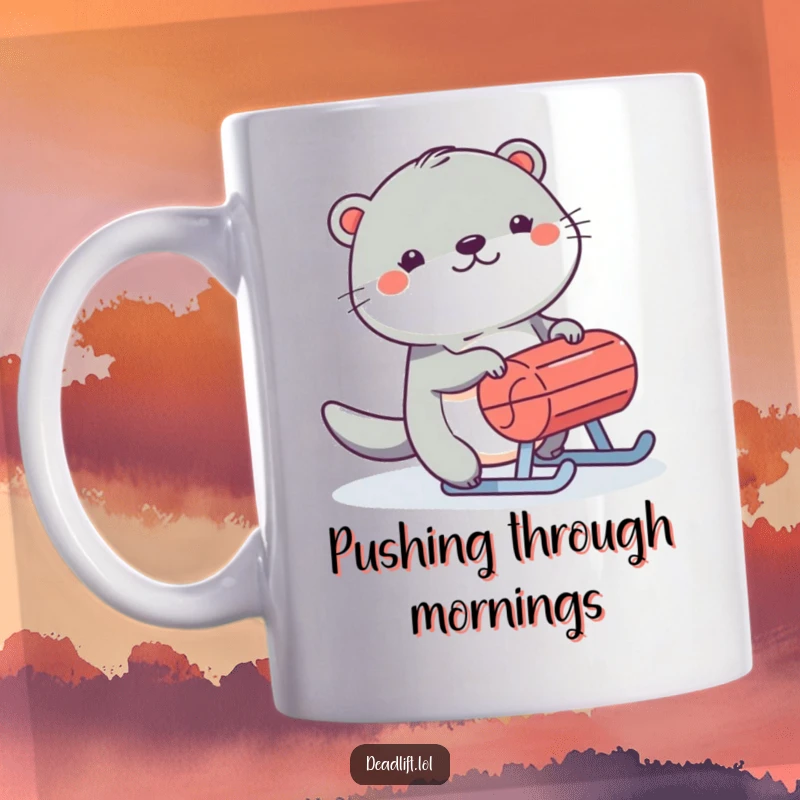 Funny Kawaii otter character gleefully pushing a small sled, radiating pure winter joy.