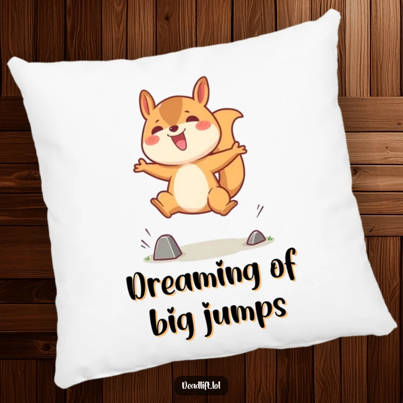 Funny pillow featuring a jubilant Kawaii squirrel character joyfully leaping over a tiny obstacle, adding a touch of whimsical charm.