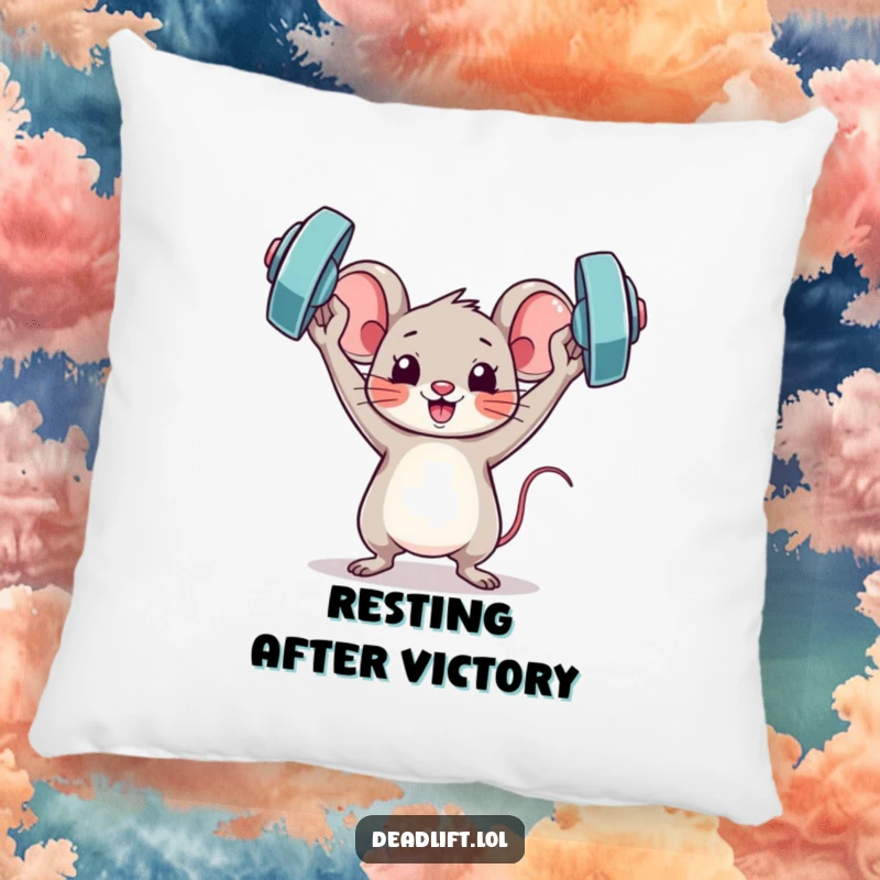 Funny Kawaii mouse character holding a miniature barbell triumphantly, designed for a soft, humorous, and comfortable pillow.