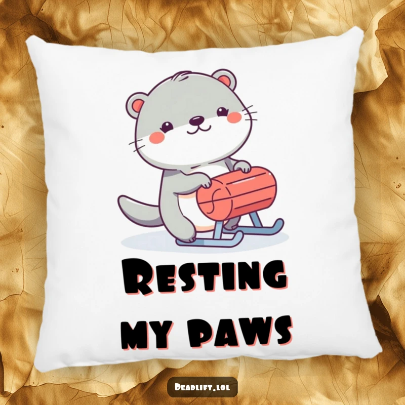 Funny Kawaii otter pillow, humorously pushing a sled, offering soft comfort and winter cheer.