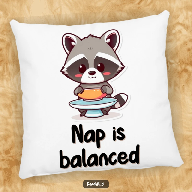Funny Kawaii raccoon pillow, humorously balancing a plate, offering soft comfort and focus.