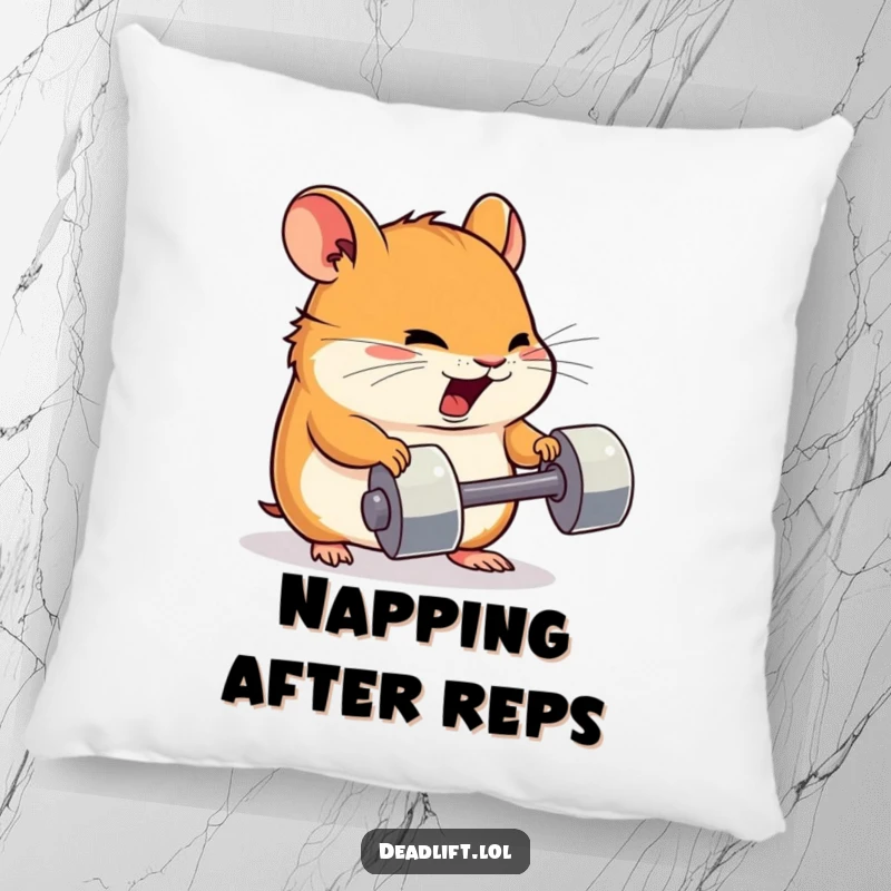 Funny Kawaii hamster character lifting a tiny dumbbell with great effort, designed for a soft, humorous, and comfortable pillow.
