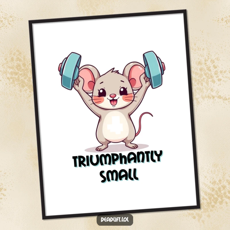 Funny Kawaii mouse character triumphantly holding a miniature barbell overhead, available as a downloadable and humorous art print.