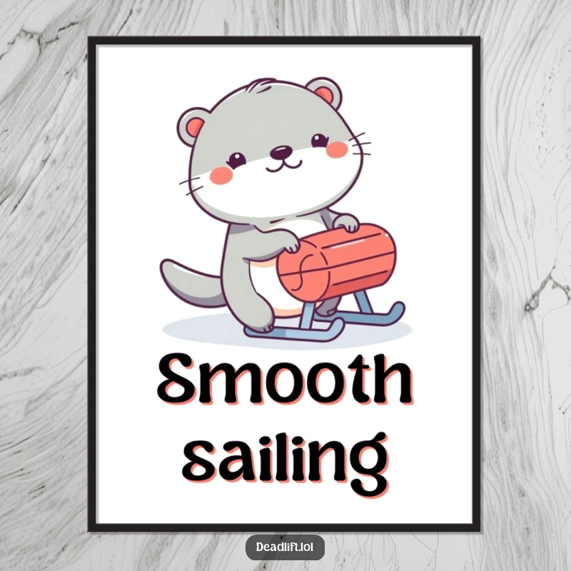 Funny Kawaii otter character, rendered as digital art, humorously pushing a small sled with great glee.