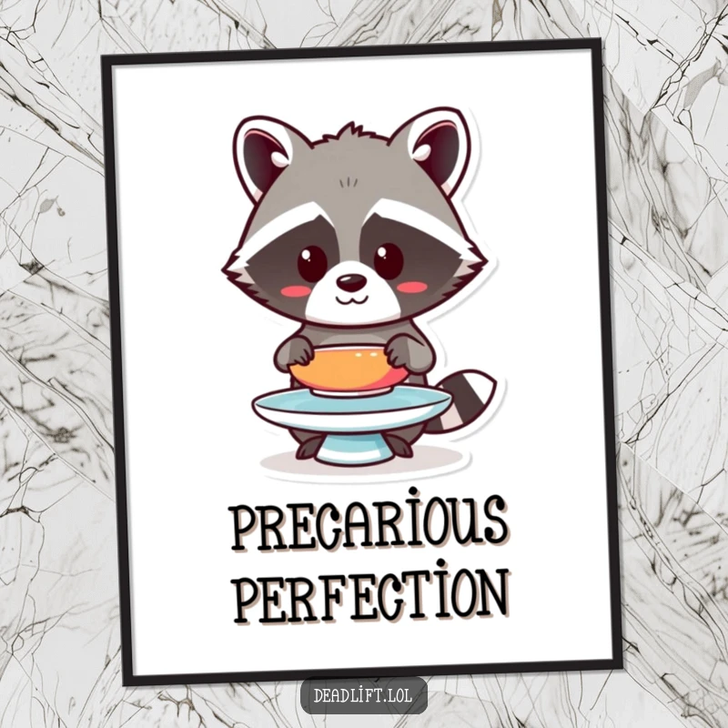Funny Kawaii raccoon character, rendered as digital art, humorously balancing a single, colorful plate with intense focus.