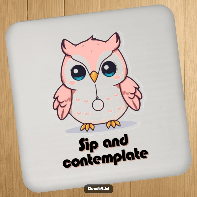 Funny Kawaii owl character balancing a tiny weight on its beak, depicted on a coaster for humorous surface protection.