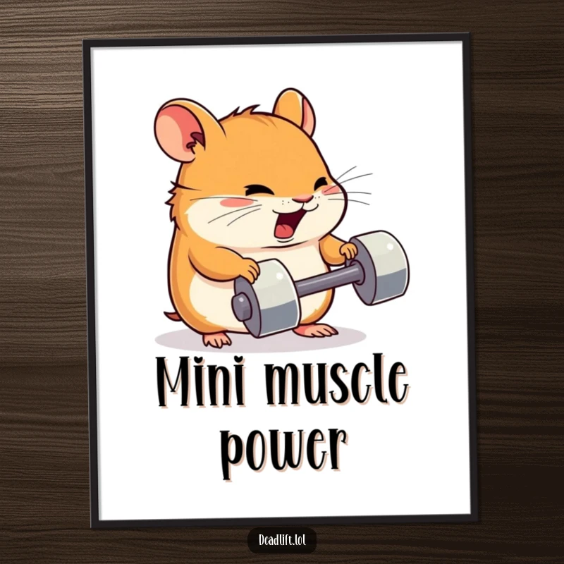 Funny Kawaii hamster character straining to lift a tiny dumbbell, creating humorous and motivating wall art.