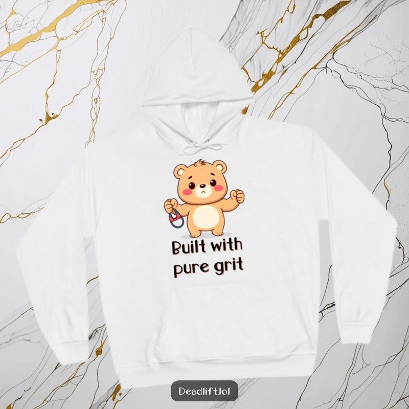 Funny hoodie featuring a robust Kawaii bear cub proudly exhibiting a colorful resistance band, inspiring strength and comfort.