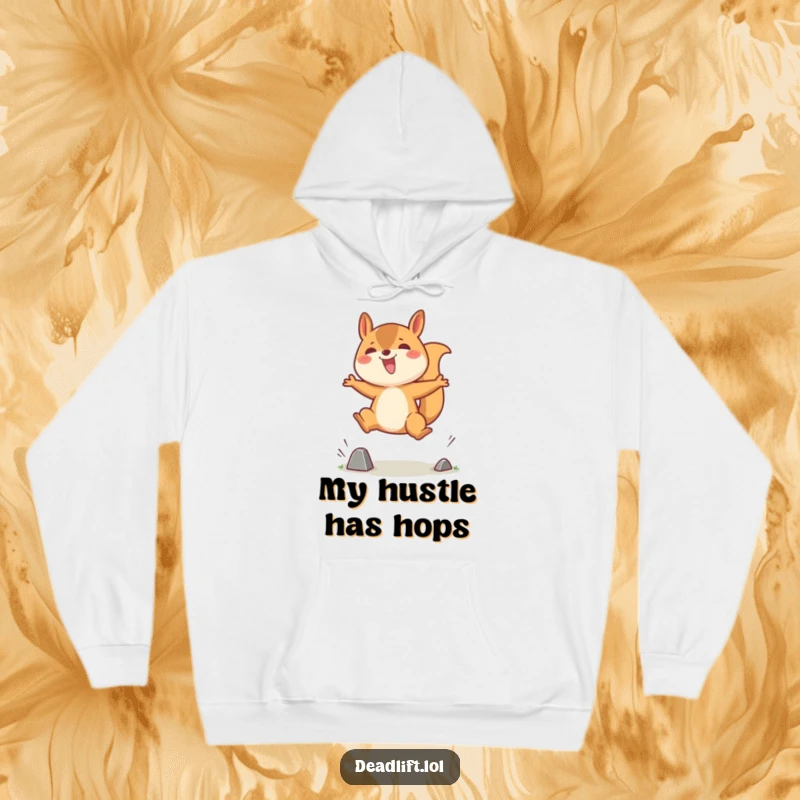 Funny hoodie showcasing a jubilant Kawaii squirrel character with great enthusiasm, jumping high over a tiny obstacle, radiating happiness.