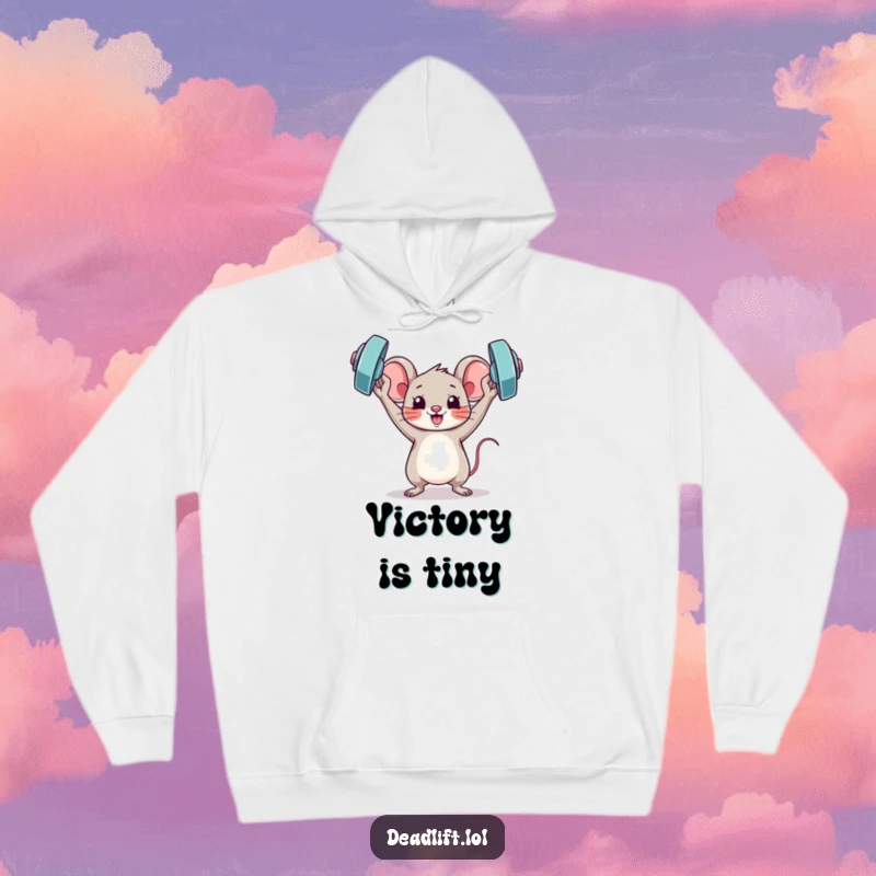 Funny Kawaii mouse character holding a miniature barbell overhead triumphantly, designed for a cozy and humorous hoodie.