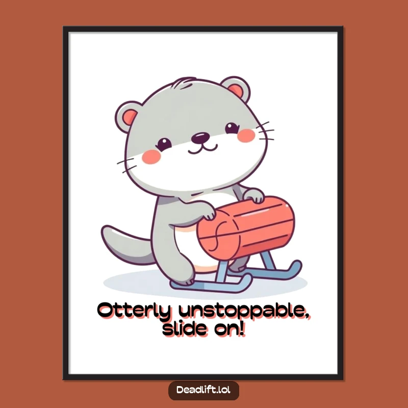 Funny Free Printable Wall Art: Cheerful Kawaii Otter Pushing Sled, Downloadable Decor