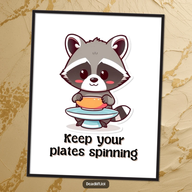 Funny Free Printable Wall Art: Adorable Kawaii raccoon with intense focus, balancing a single, bright, colorful plate.