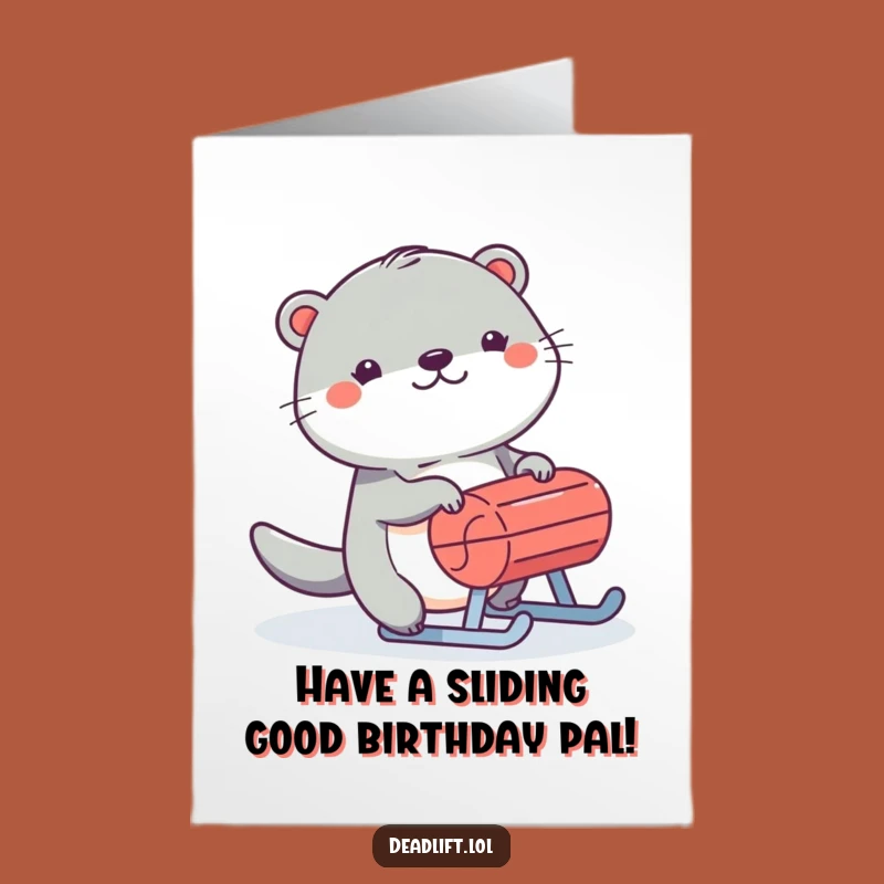 Free Printable Birthday Card: Cheerful Kawaii Otter Pushing Sled, Winter Fun!, Downloadable
