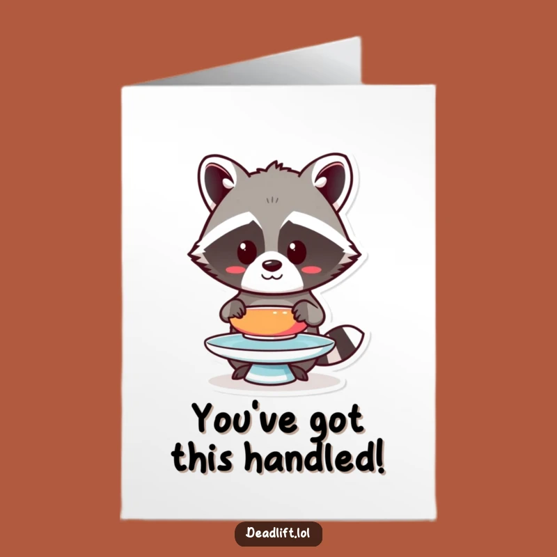 Free Printable Congrats Card: Kawaii Raccoon's Plate Balancing Triumph!, Downloadable