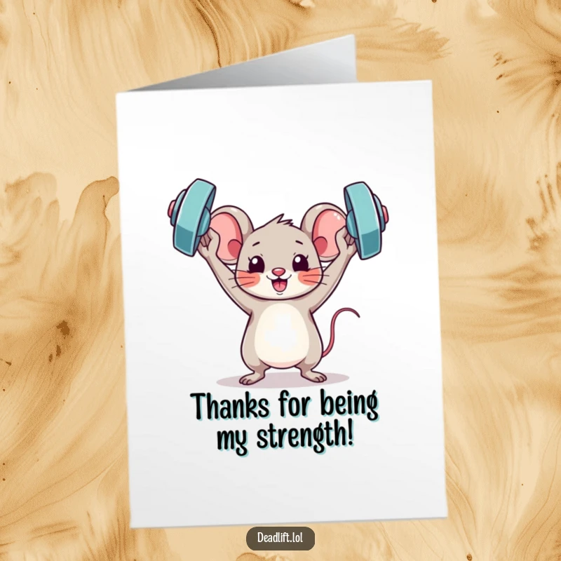 Funny Free Printable Thank You Card: Triumphant Kawaii mouse holding a miniature barbell, expressing thanks.