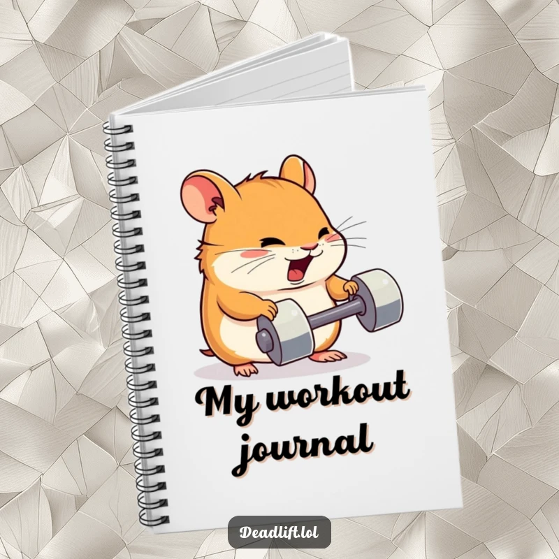 Funny Kawaii hamster character lifting a tiny dumbbell, designed for a humorous notebook cover for fitness tracking and notes.