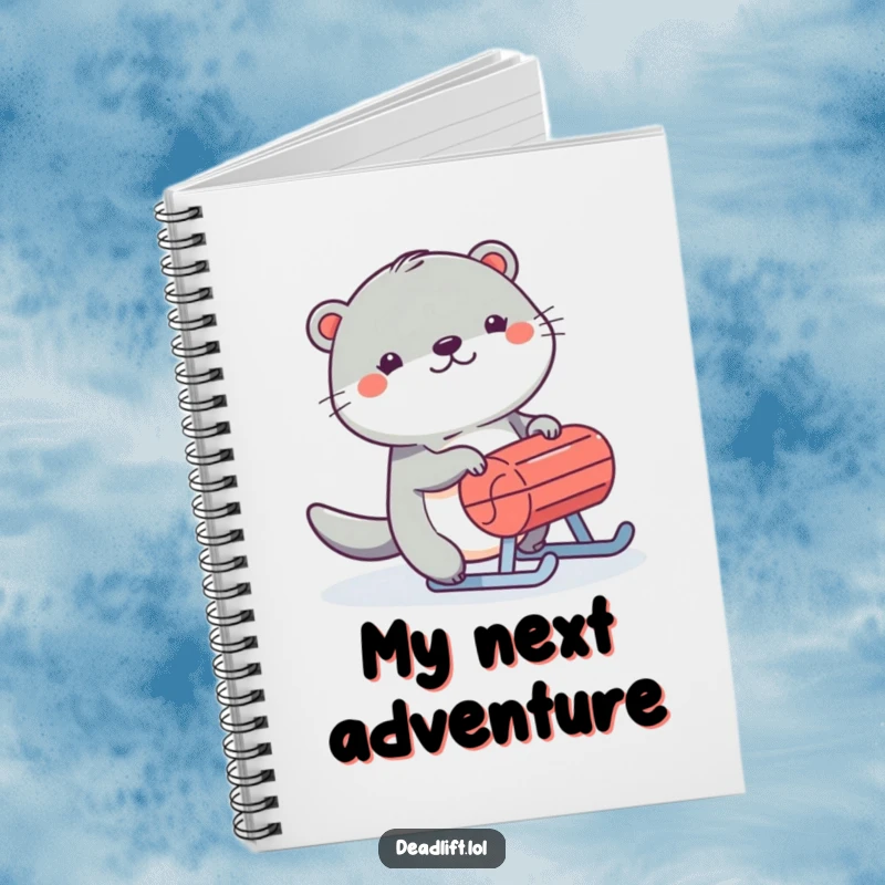 Funny Kawaii otter humorously pushing a sled, featured on a cheerful and energetic notebook cover.