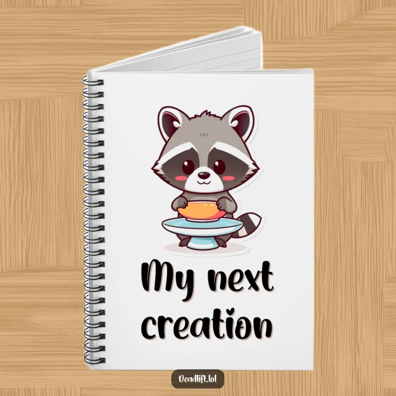 Funny Kawaii raccoon humorously balancing a plate, featured on a focused and determined notebook cover.