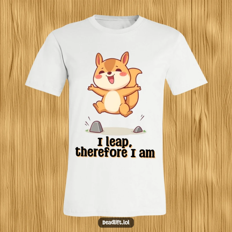 Funny t-shirt with a jubilant Kawaii squirrel character mid-leap, enthusiastically overcoming a small obstacle with boundless energy and cuteness.