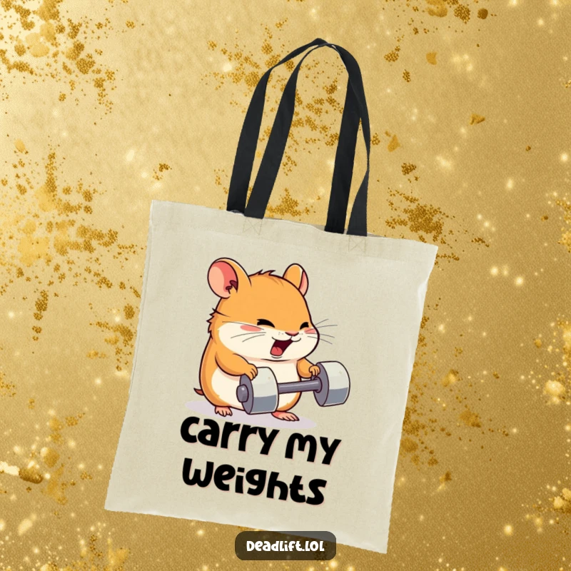 Funny Kawaii hamster character struggling to lift a tiny dumbbell, depicted on a durable and humorous tote bag.