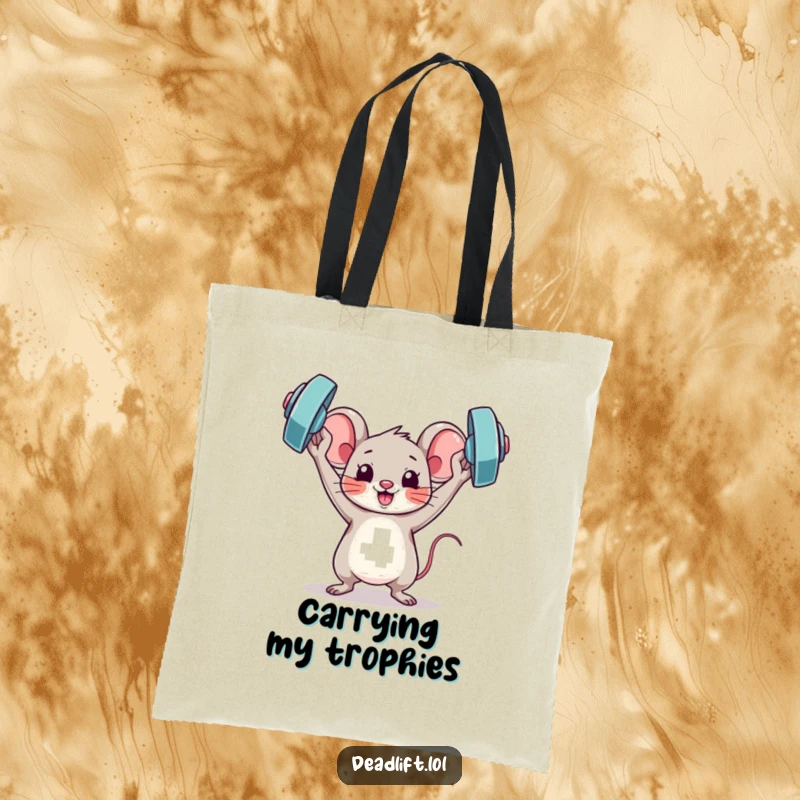 Funny Kawaii mouse character holding a miniature barbell overhead triumphantly, depicted on a durable and humorous tote bag.