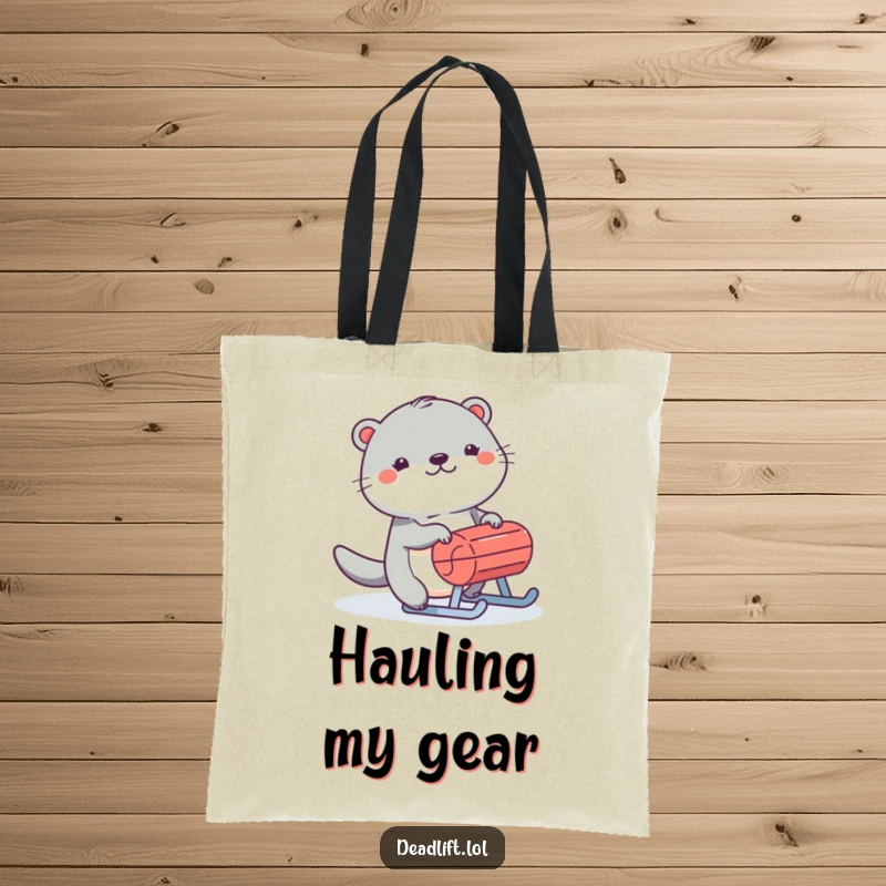 Funny Kawaii otter humorously pushing a sled, depicted on a durable and cheerful tote bag.